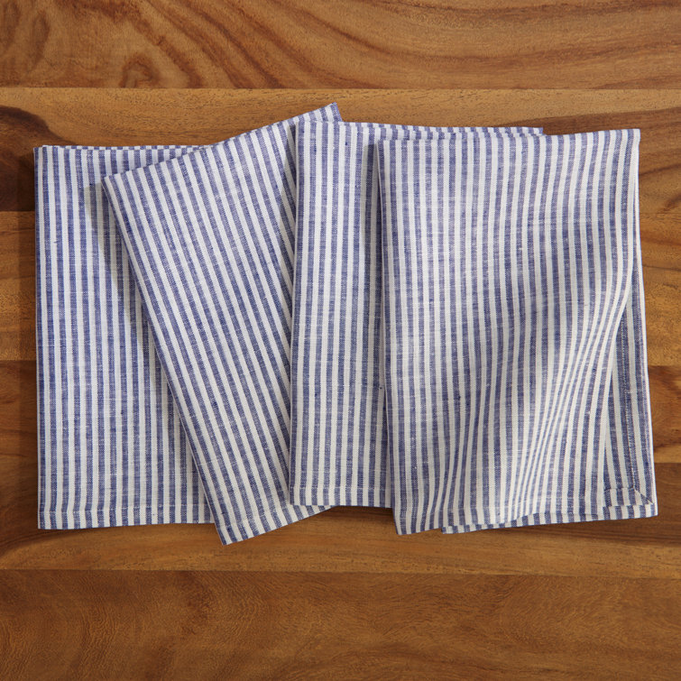 Navy and White Striped Pure Linen Dinner Napkins, Set of 4