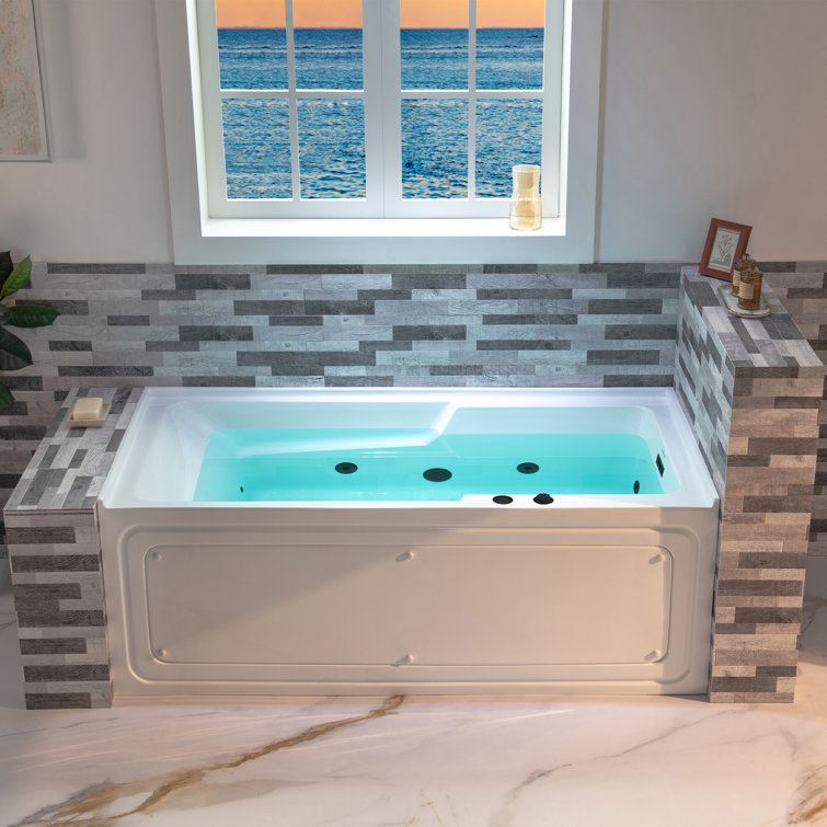 60" White Acrylic Alcove Bathtub with Matte Black Jets