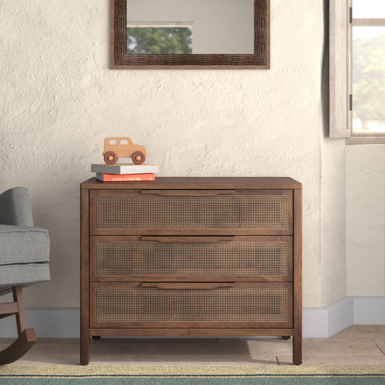 Brown Wash 3-Drawer Cane Chest with Wooden Handles