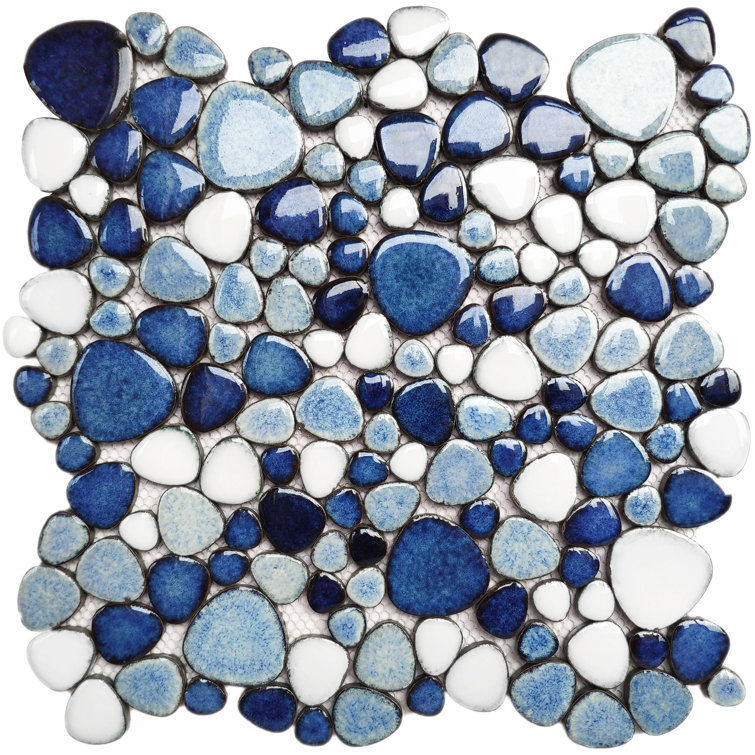 Navy and White Porcelain Pebble Mosaic Sheet for Bathroom and Kitchen