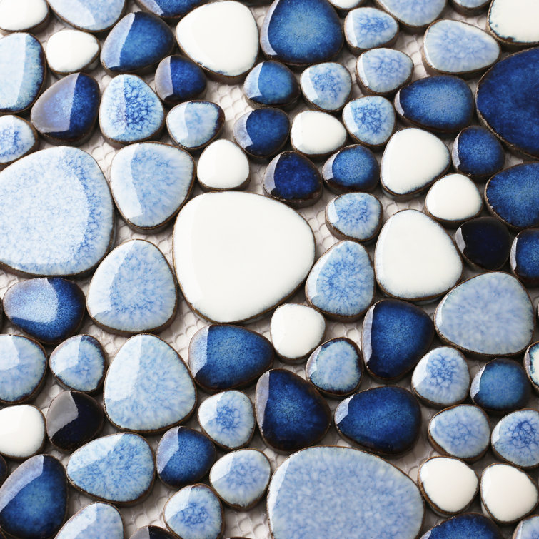 Navy and White Porcelain Pebble Mosaic Sheet for Bathroom and Kitchen
