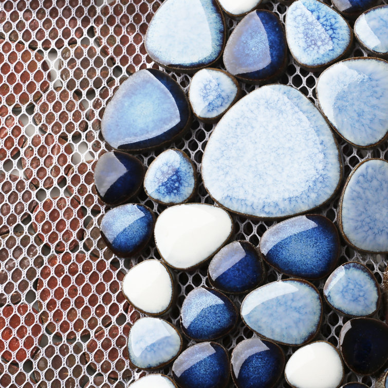Navy and White Porcelain Pebble Mosaic Sheet for Bathroom and Kitchen