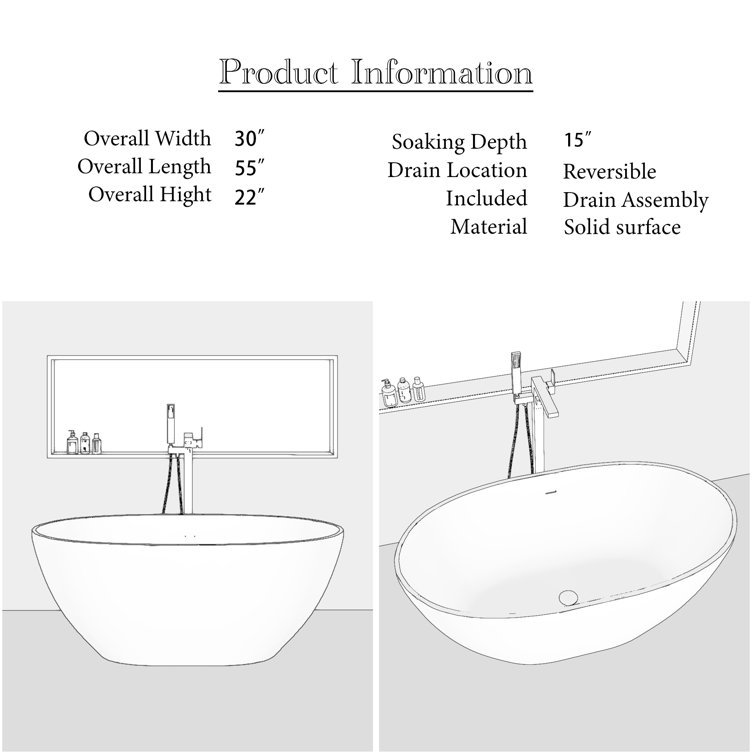55'' Matte White Stone Resin Freestanding Double Slipper Bathtub