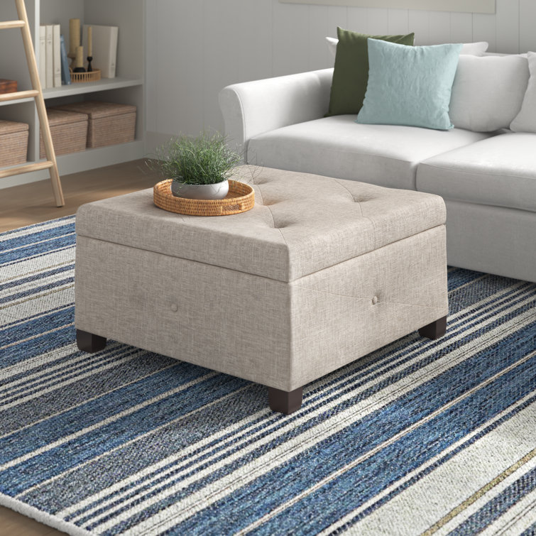 Beige Tufted Square Storage Ottoman with Graduated Legs