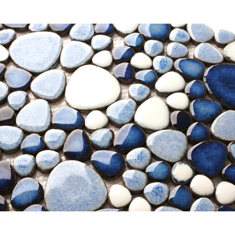 Navy and White Porcelain Pebble Mosaic Sheet for Bathroom and Kitchen