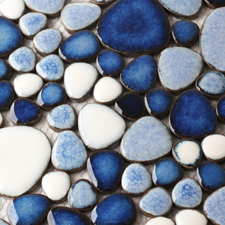Navy and White Porcelain Pebble Mosaic Sheet for Bathroom and Kitchen