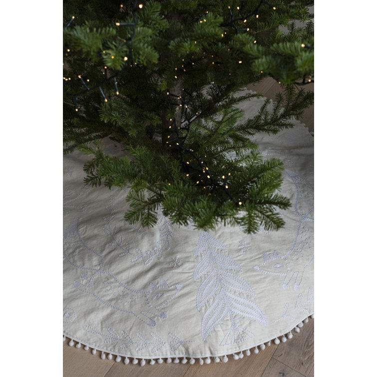Creamy White Embroidered Cotton Tree Skirt with Pompoms