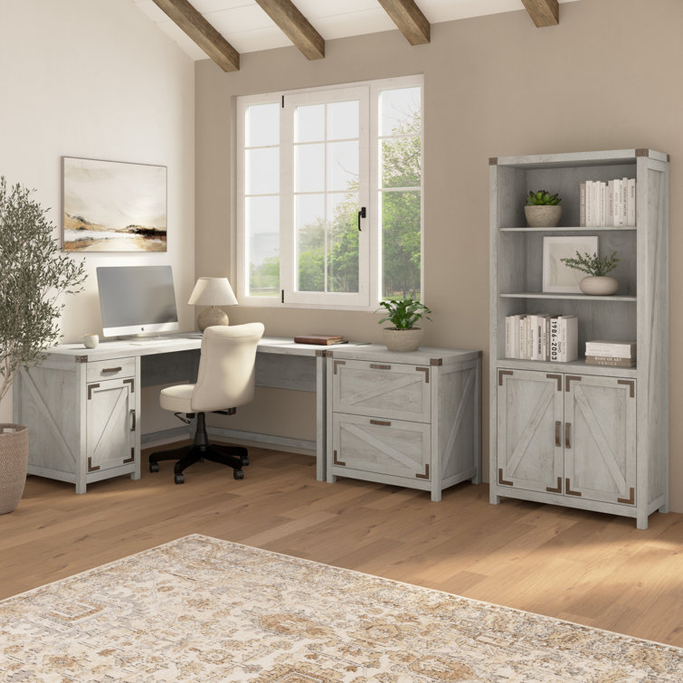 Cottage White L-Shaped Corner Desk with Drawer and Filing Cabinet