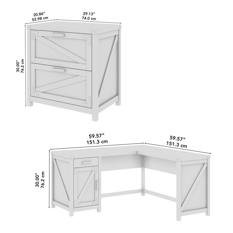 Cottage White Laminated Wood L-Shaped Desk with File Cabinet