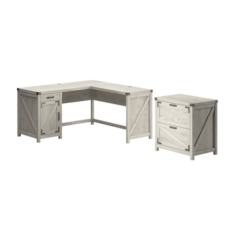 Cottage White Laminated Wood L-Shaped Desk with File Cabinet