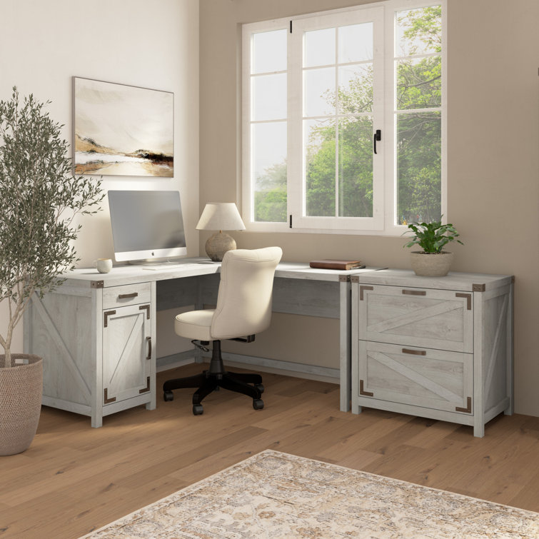 Cottage White Laminated Wood L-Shaped Desk with File Cabinet