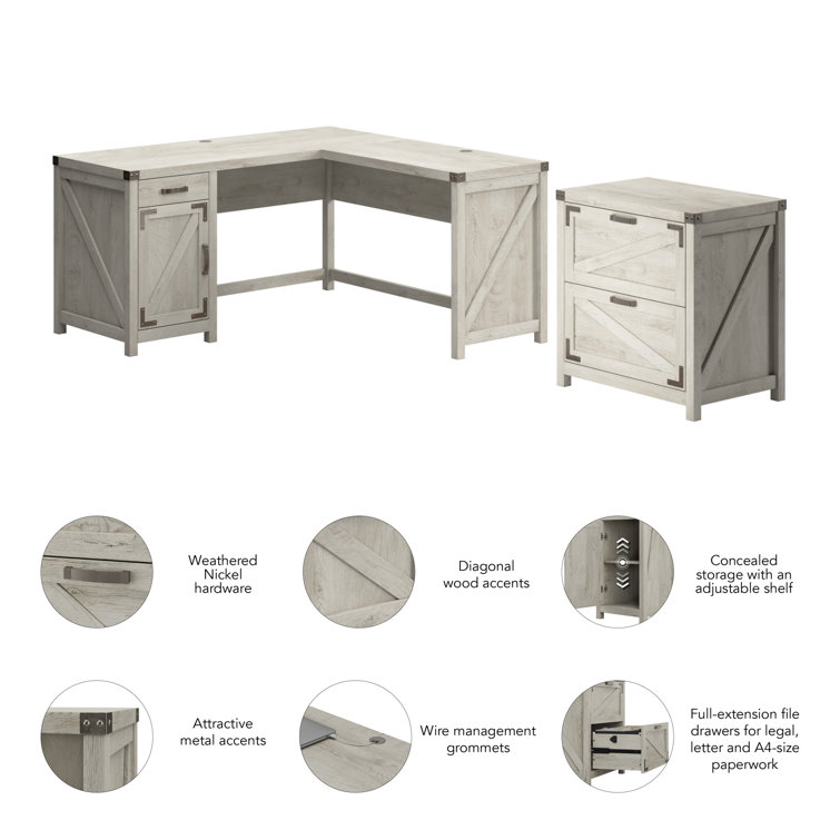 Cottage White Laminated Wood L-Shaped Desk with File Cabinet