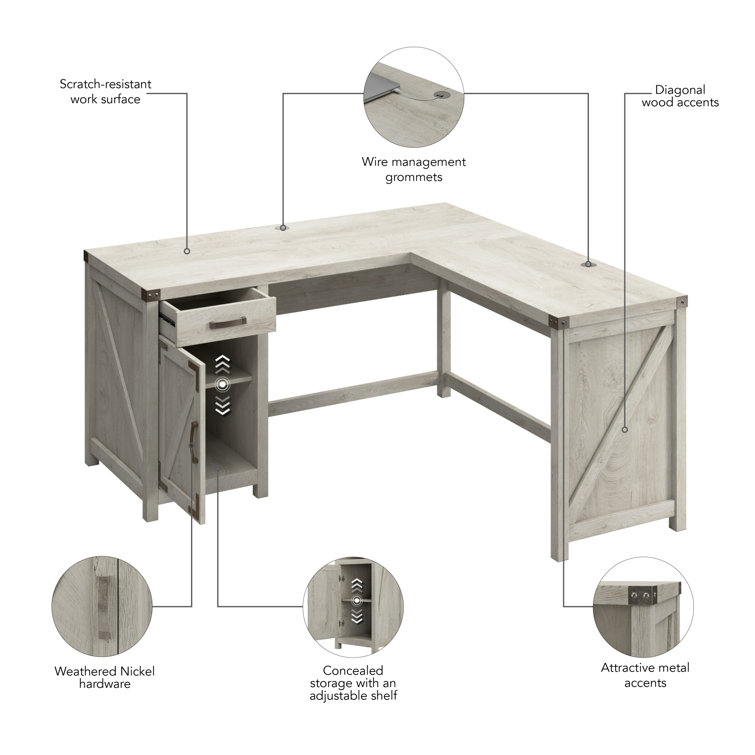 Cottage White L-Shaped Corner Desk with Drawer and Filing Cabinet
