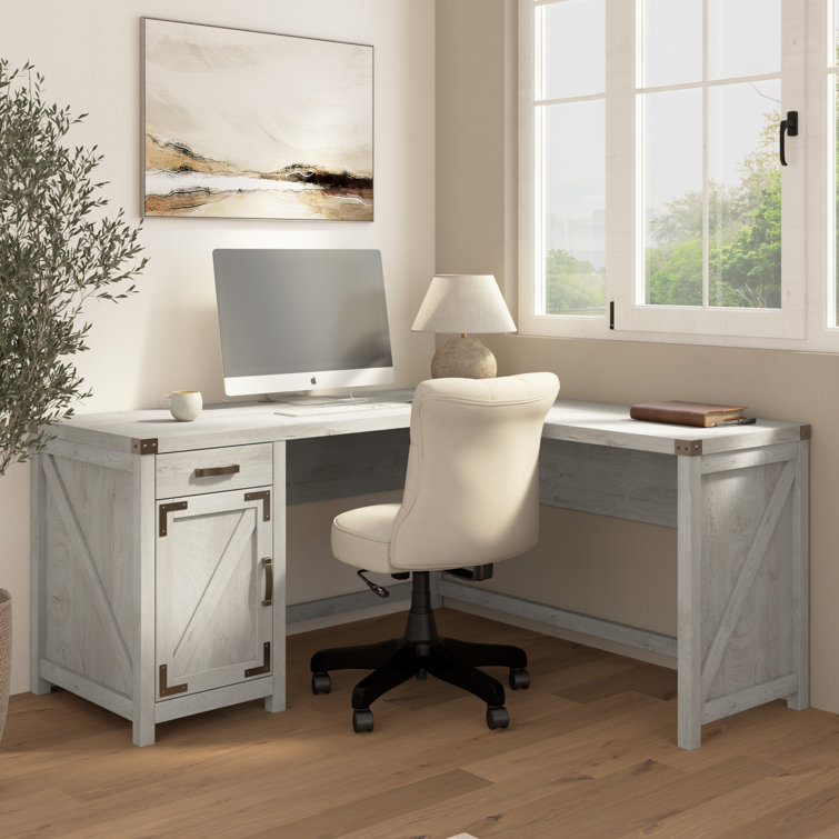 Cottage White L-Shaped Corner Desk with Drawer and Filing Cabinet