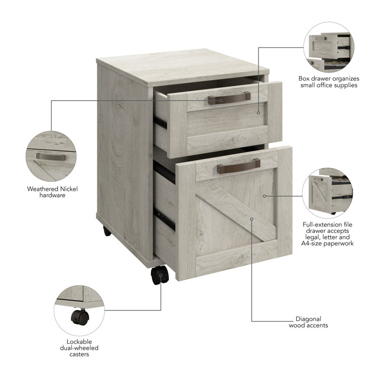 Cottage White 2-Drawer Mobile Pedestal File Cabinet with Weathered Nickel Accents