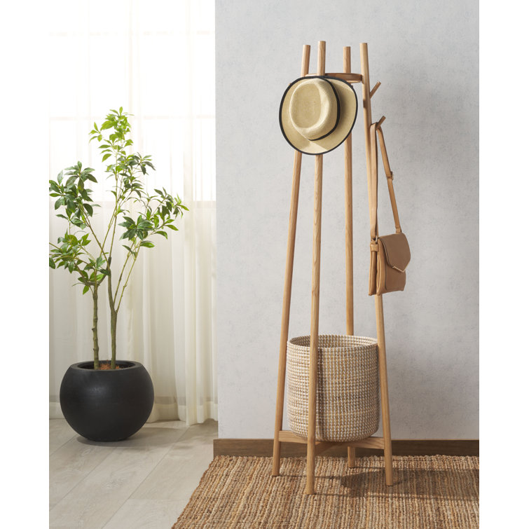 Natural Oak Coat Rack with Woven Basket and Eight Hooks
