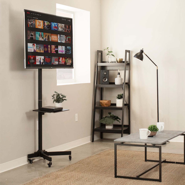 Black Adjustable Mobile TV Cart with Shelf and Wheels