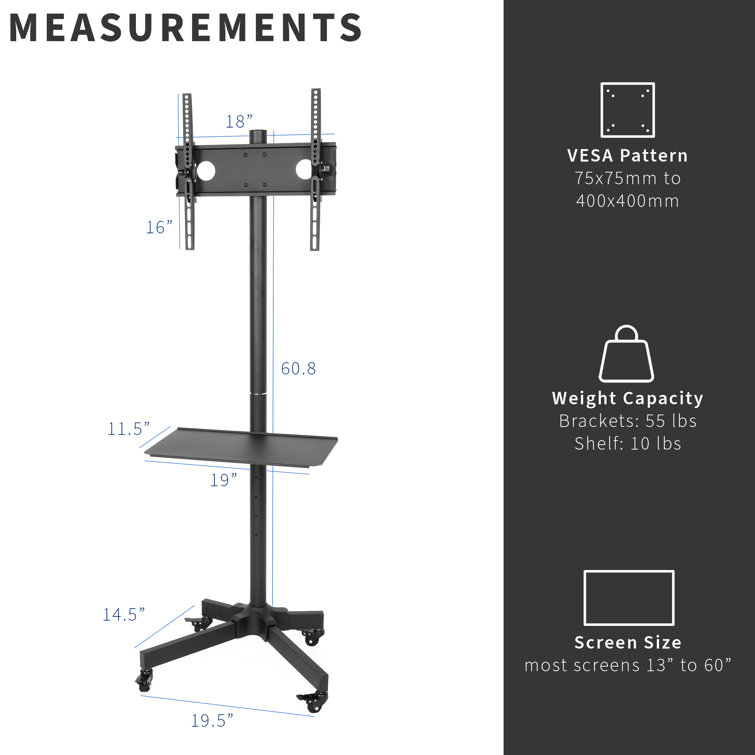 Black Adjustable Mobile TV Cart with Shelf and Wheels