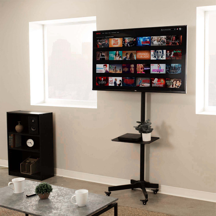 Black Adjustable Mobile TV Cart with Shelf and Wheels