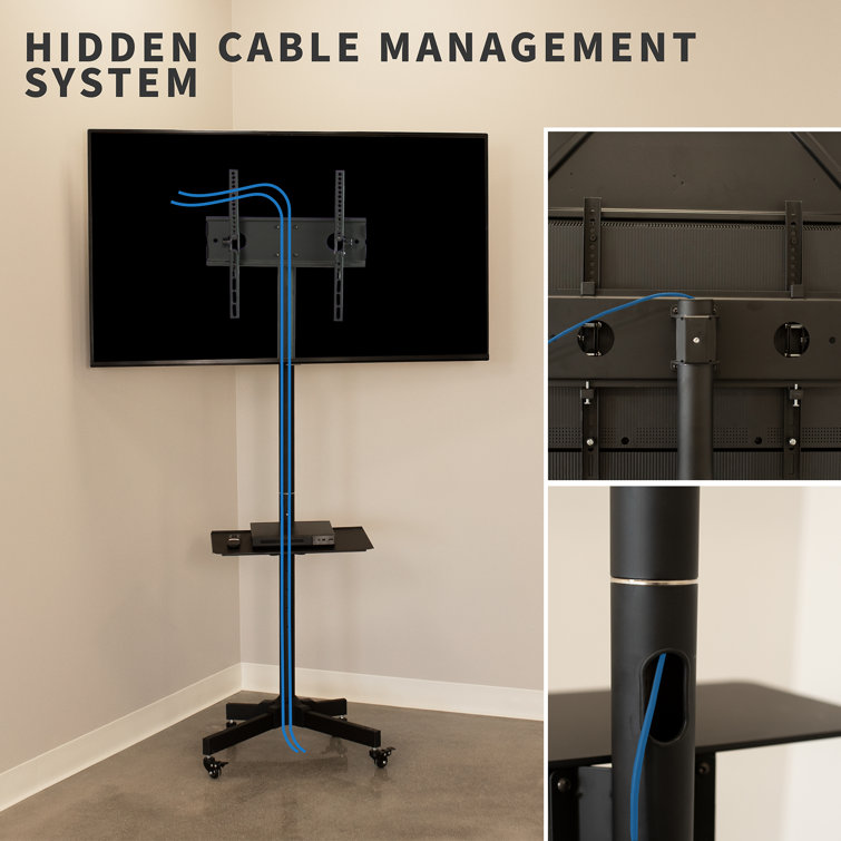 Black Adjustable Mobile TV Cart with Shelf and Wheels