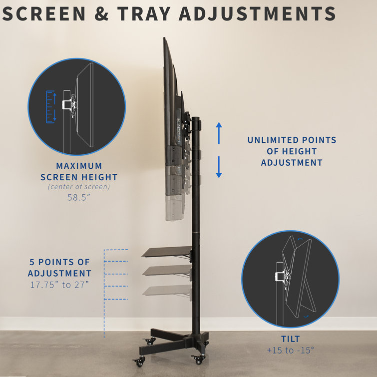 Black Adjustable Mobile TV Cart with Shelf and Wheels
