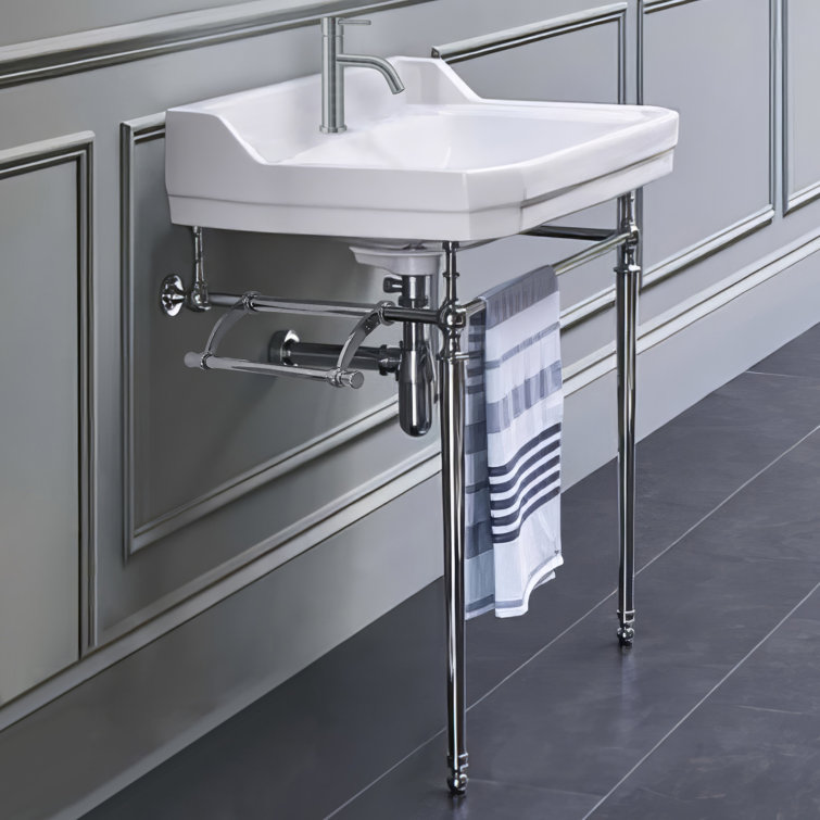 White Ceramic Wall-Mount Console with Chrome Legs and Towel Bar