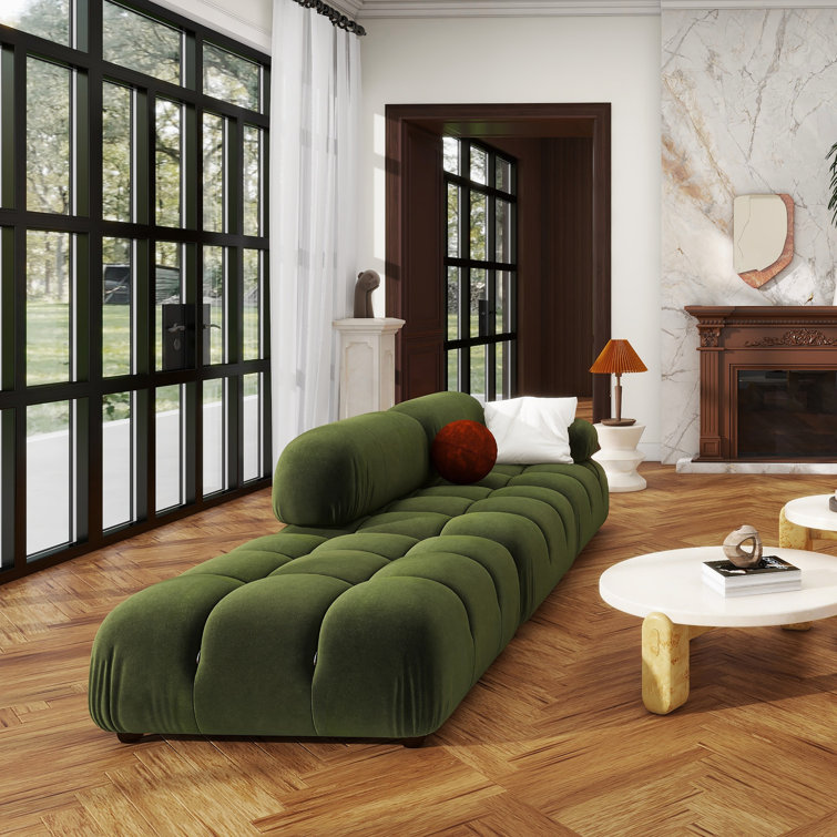 Olive Green Velvet Tufted Square Ottoman