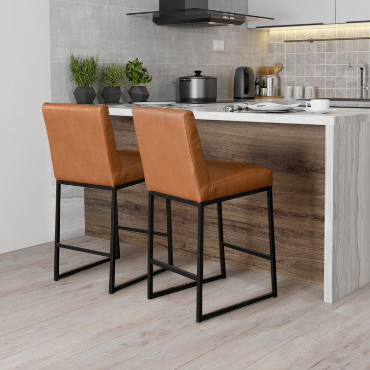 Cognac Brown Leather and Black Metal Swivel Counter Stool