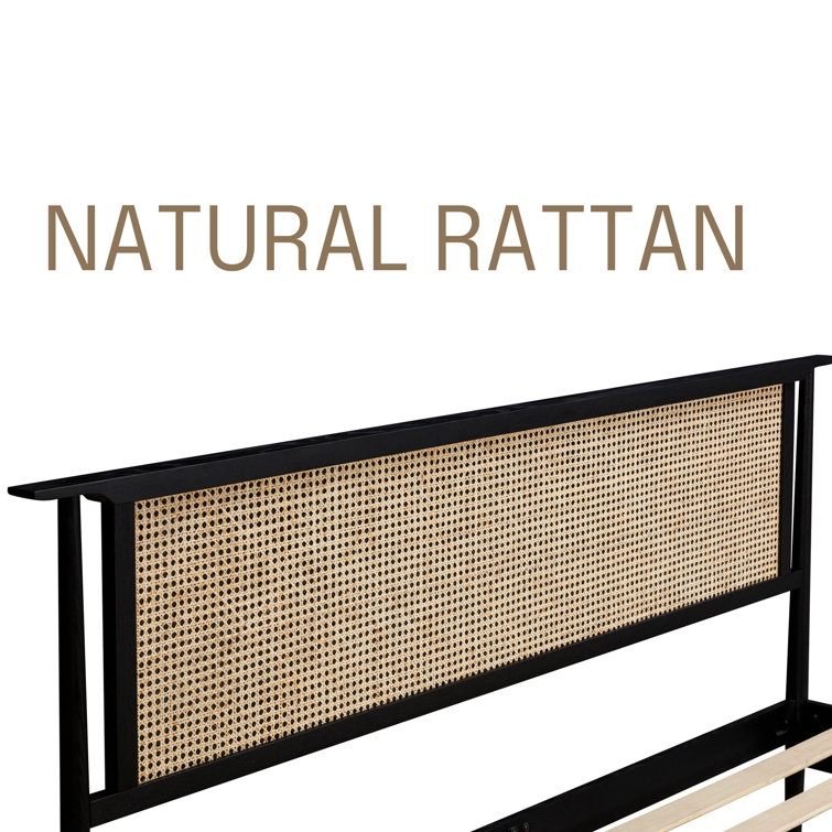 Burnt Black Oak Queen Bed Frame with Rattan Headboard