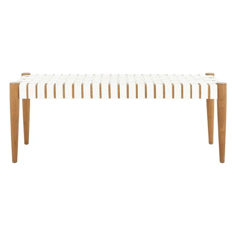 Amalia 47'' Transitional White Leather & Oak Weave Bench