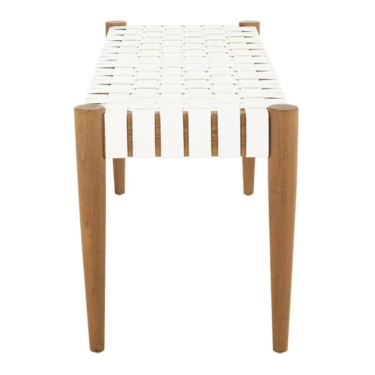 Amalia 47'' Transitional White Leather & Oak Weave Bench