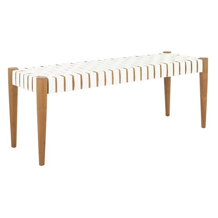Amalia 47'' Transitional White Leather & Oak Weave Bench