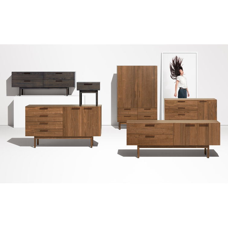 Smoke Gray Solid Wood Nightstand with Leather Pull