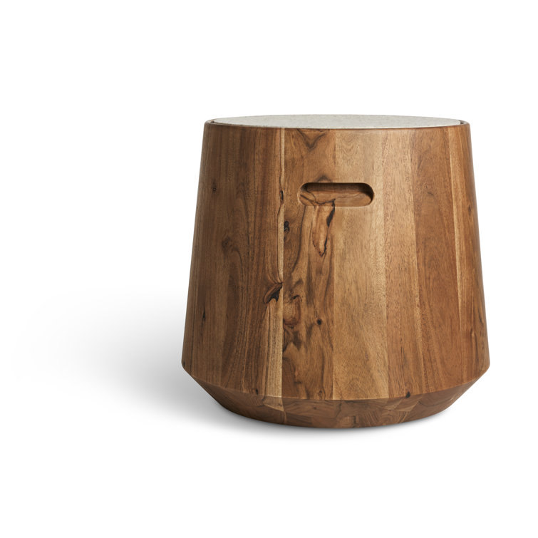 Heathered Off White Felt and Acacia Wood Accent Stool