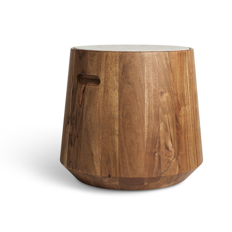 Heathered Off White Felt and Acacia Wood Accent Stool