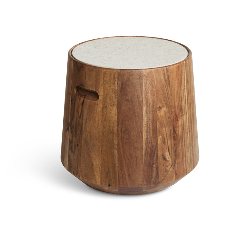 Heathered Off White Felt and Acacia Wood Accent Stool