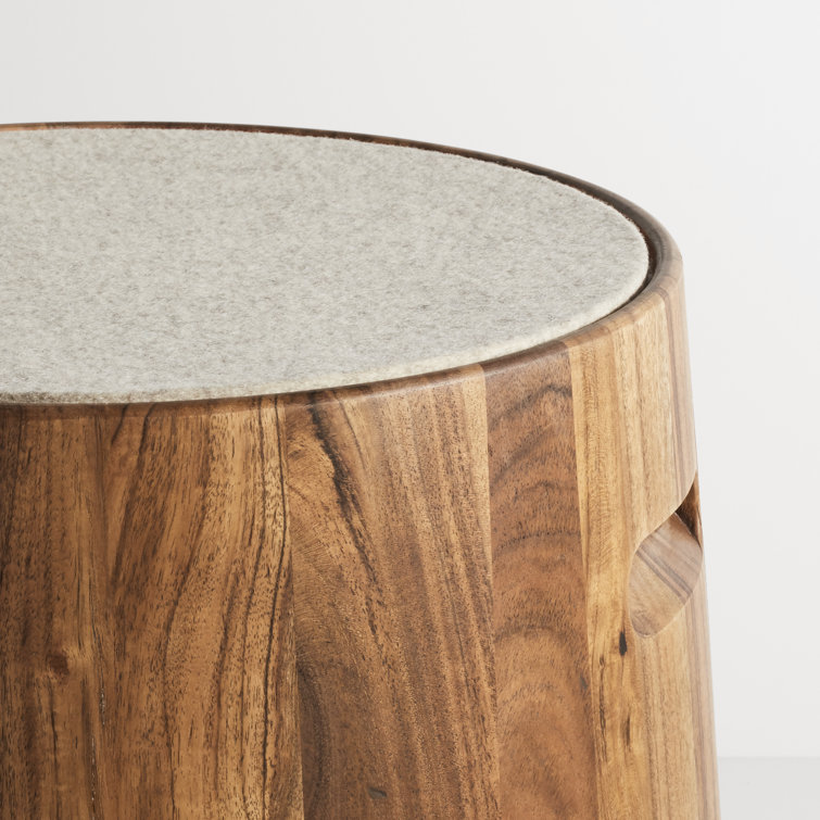 Heathered Off White Felt and Acacia Wood Accent Stool
