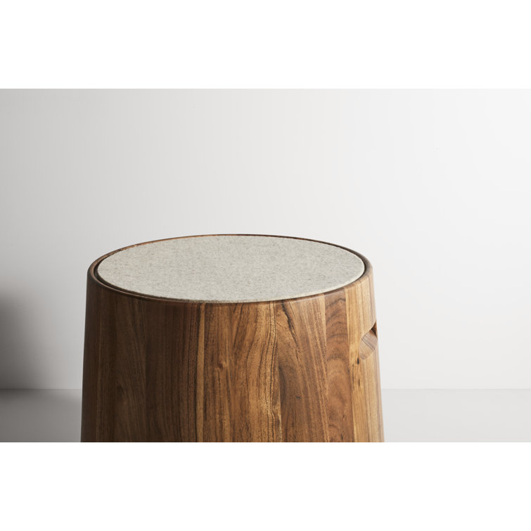 Heathered Off White Felt and Acacia Wood Accent Stool