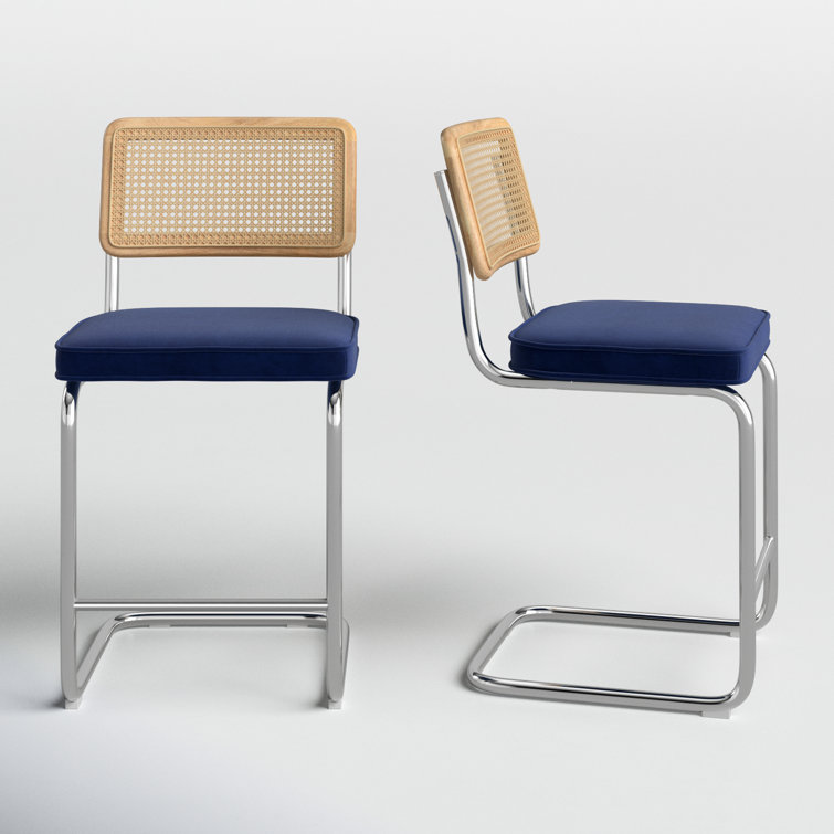 Sapphire Blue Velvet and Chrome Counter Stools, Set of 2