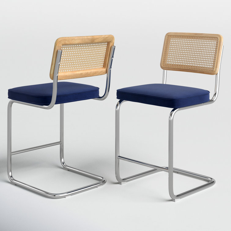 Sapphire Blue Velvet and Chrome Counter Stools, Set of 2