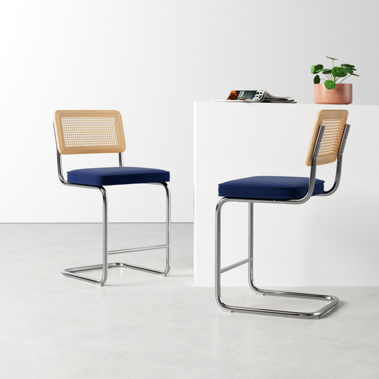 Sapphire Blue Velvet and Chrome Counter Stools, Set of 2