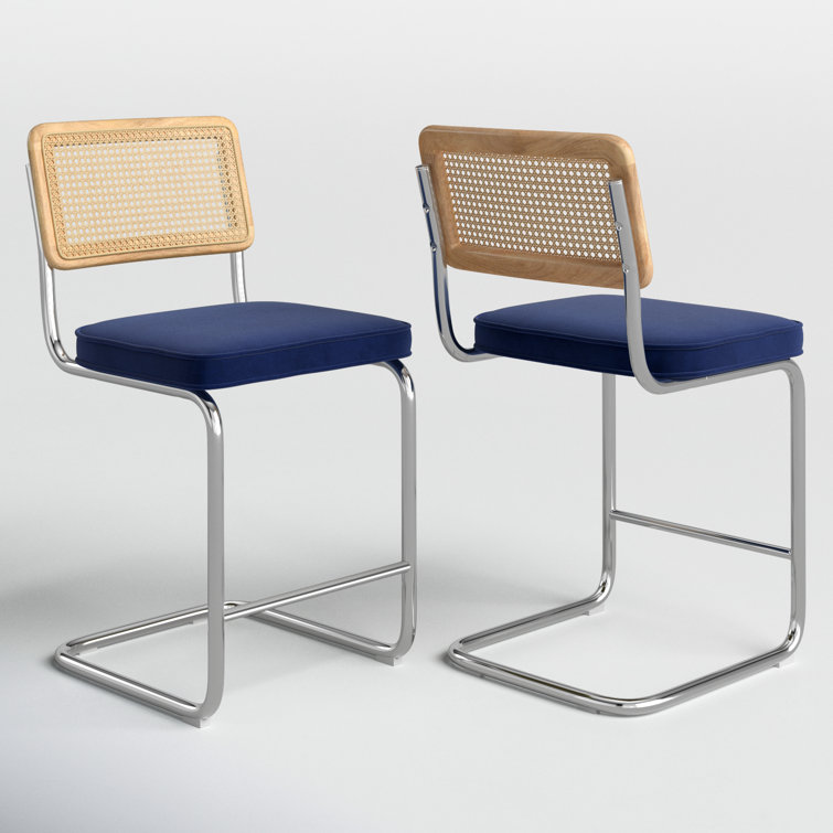Sapphire Blue Velvet and Chrome Counter Stools, Set of 2
