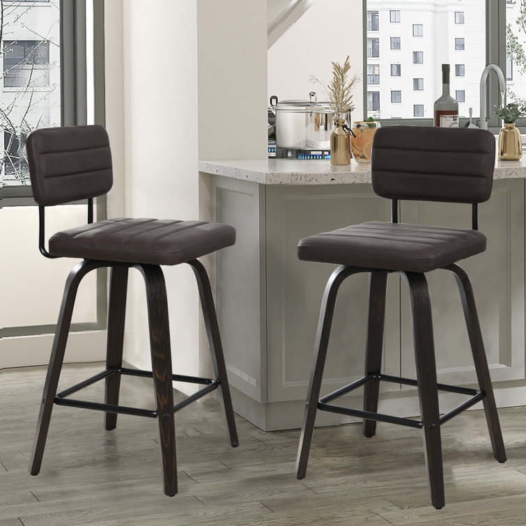 Brown Faux Leather Swivel Bar Stools with Low Back, Set of 2