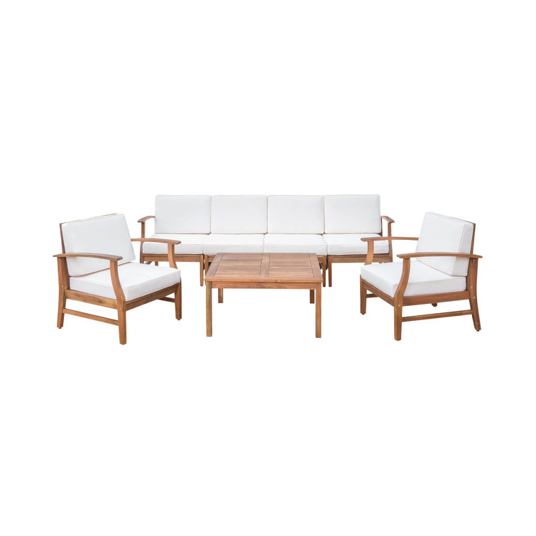 Teak Wood 6-Person Outdoor Sofa and Armchair Set with Cream Cushions