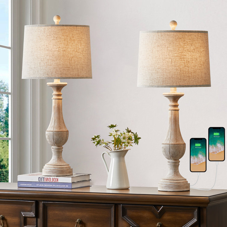 27.5'' Beige Linen Drum Shade Table Lamp Set with USB Ports