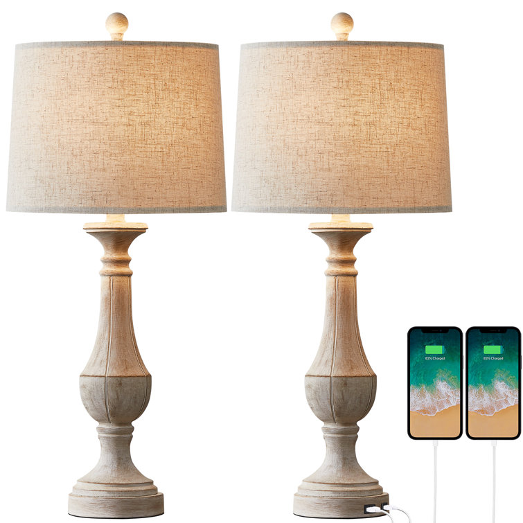 27.5'' Beige Linen Drum Shade Table Lamp Set with USB Ports