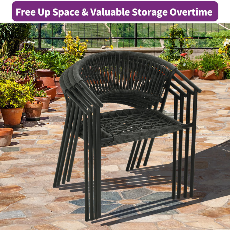 Gray Rope Woven Stackable Outdoor Dining Chairs with Cushions