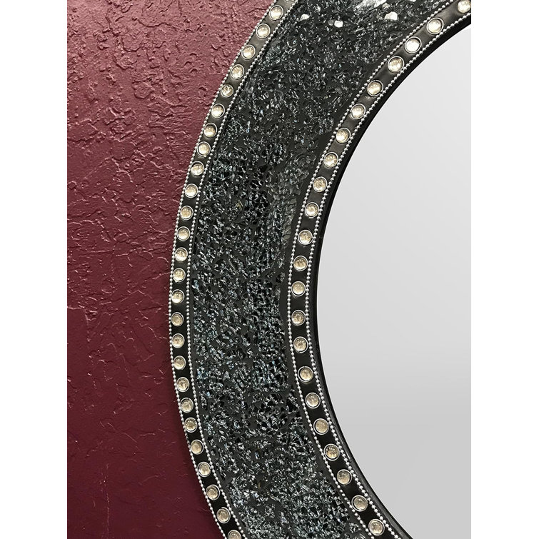24-Inch Black Crackled Glass Mosaic Round Wall Mirror