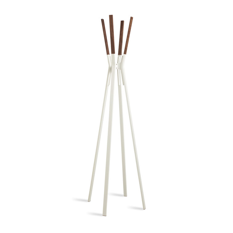 White and Walnut Metal Tripod Coat Rack