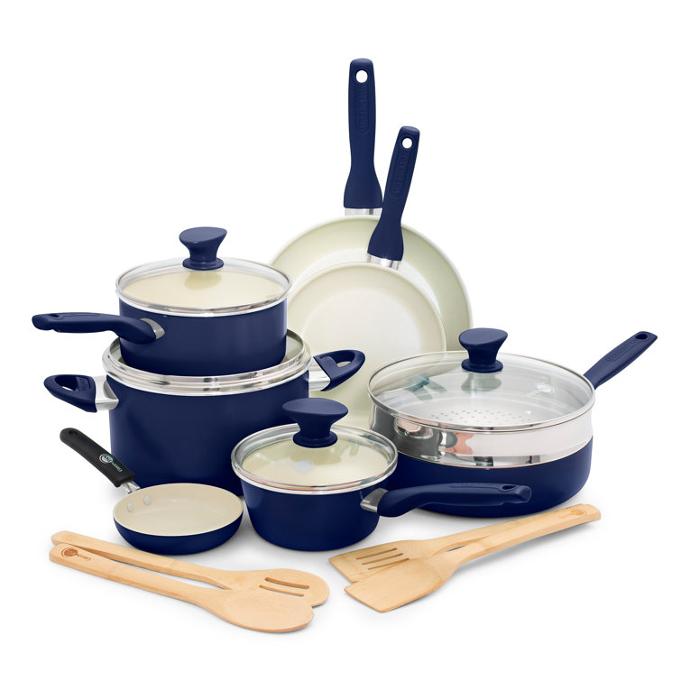 Blue 16-Piece Aluminum Nonstick Cookware Set with Glass Lids